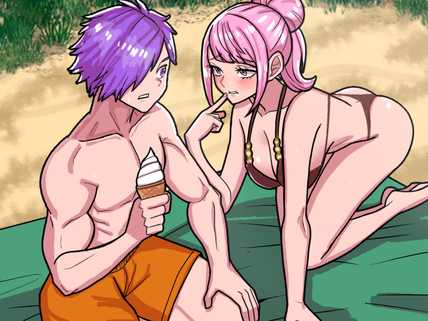 1boy 1girl alternate_costume ass bare_legs beach bikini breasts brown_bikini butt_crack cleavage fire_emblem fire_emblem:_three_houses fire_emblem_warriors:_three_hopes food hilda_valentine_goneril ice_cream ice_cream_cone kneeling male_shez_(fire_emblem) male_shez_(summer)_(fire_emblem) medium_breasts mnejing30 muscular muscular_male nintendo official_alternate_hairstyle outdoors pink_eyes pink_hair pointing pointing_at_self pout purple_hair swimsuit