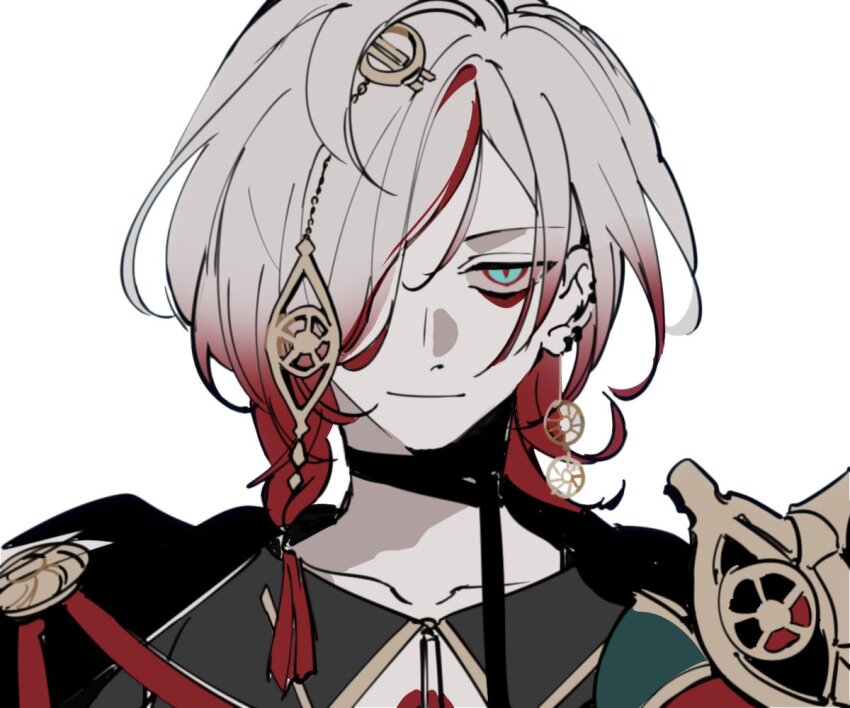 1boy blue_eyes e_fgoj earrings eyeshadow eyeshadow_under_eye fate/grand_order fate_(series) gradient_hair hair_ornament hair_over_one_eye jewelry karna_(fate) looking_at_viewer makeup male_focus medium_hair multicolored_hair pale_skin portrait red_eyeshadow red_hair simple_background smile solo white_background white_hair