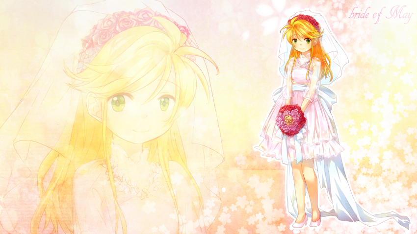 1990s_(style) 1girl bare_legs blonde_hair bouquet bridal_veil dress female_focus flower gradient_background green_eyes high_heels highres long_hair nintendo pokemon pokemon_adventures pokemon_rgby retro_artstyle see-through_clothes shoes smile solo tachiuo_(arines) veil wedding_dress yellow_(pokemon) zoom_layer