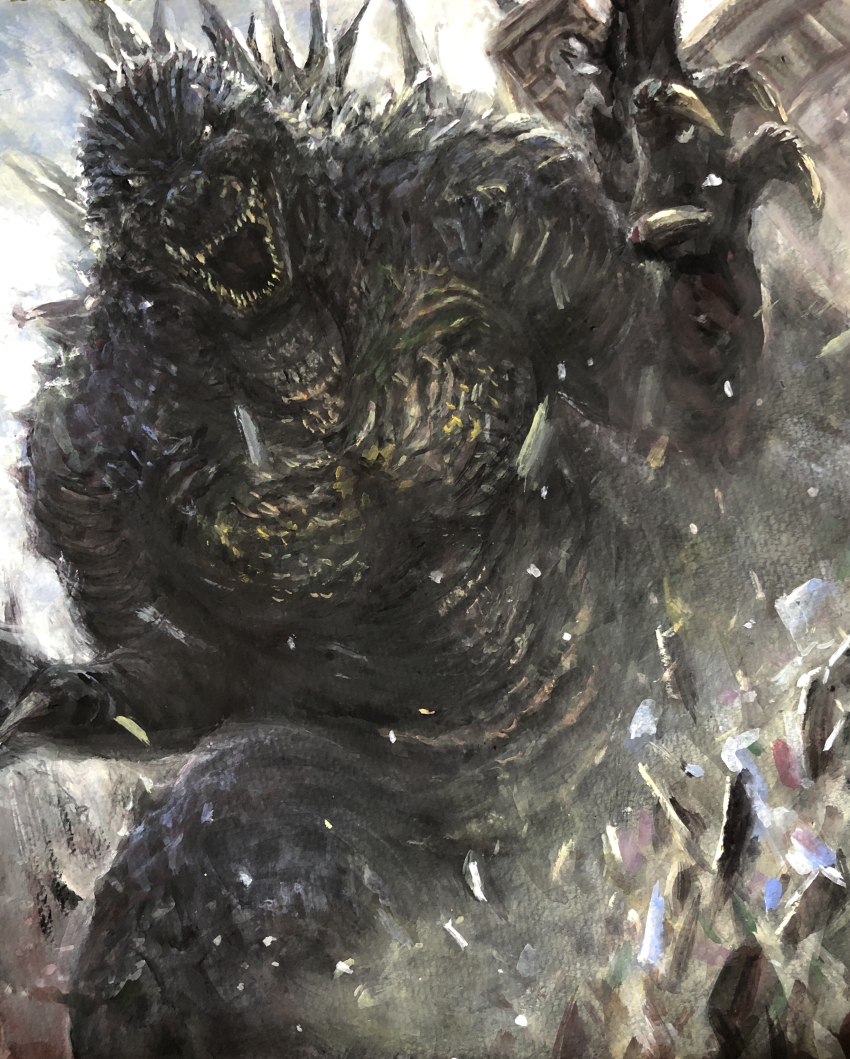 absurdres claws clock clock_tower day debris dinosaur g.n.a giant giant_monster godzilla godzilla_(series) godzilla_minus_one highres kaiju looking_at_viewer monster no_humans open_mouth real_world_location rubble ruins sea_monster sharp_teeth spikes tail teeth toho tokyo_(city) tower wako_(department_store) wako_clock_tower war world_war_ii yellow_eyes