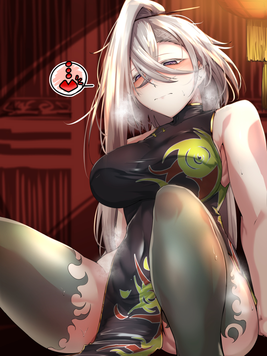 1girl armpits blush breasts china_dress chinese_clothes dress fate/grand_order fate_(series) grey_eyes grey_hair hair_ornament hairpin heart highres huyan_zhuo_(fate) interior large_breasts long_hair messy_hair sleeveless spoken_heart sweatdrop tgxx3300 thighs