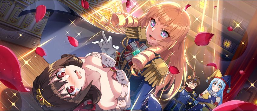 1boy 3girls anger_vein aqua_(konosuba) armor asymmetrical_sleeves blonde_hair blue_armor blue_cloak blue_coat blue_eyes blue_hair blue_hat blue_sleeves blunt_bangs blush bow braid breasts brown_hair cecily_(konosuba) cleavage clenched_hands cloak coat collarbone cosplay crossed_arms crown_braid detached_sleeves dress drill_hair drill_sidelocks elbow_gloves embarrassed epaulettes facial_mark falling_petals furrowed_brow game_cg gem gloves green_gemstone hair_between_eyes hair_bow hands_on_own_chest hat heart heart-shaped_pupils highres jester jester_cap kono_subarashii_sekai_ni_shukufuku_wo! konosuba!_fantastic_days large_breasts long_hair looking_at_another low_twintails mark_under_both_eyes medal mismatched_sleeves mitsurugi_kyouya mitsurugi_kyouya_(cosplay) multiple_girls naughty_face neck_ruff nose_blush off-shoulder_dress off_shoulder official_alternate_costume official_art open_mouth petals pink_bow pink_brooch pink_dress red_eyes red_petals satou_kazuma shade short_hair sidelocks sparkle sparkle_facial_mark spotlight stage symbol-shaped_pupils tailcoat teardrop teardrop_facial_mark tiara twintails two-tone_hat v-shaped_eyebrows white_gloves yellow_hat yellow_sleeves yunyun_(konosuba)