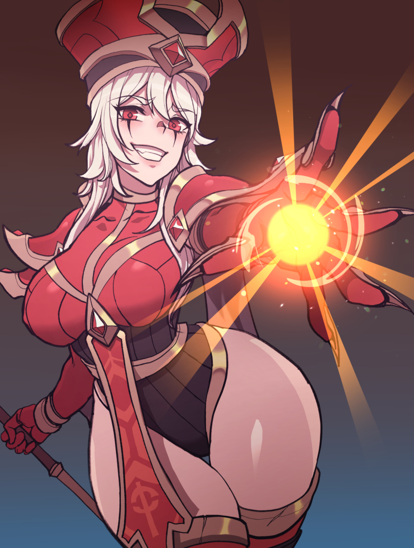 1girl armor bad_id bad_pixiv_id breasts cape carcass_(artist) casting_spell cleavage curvy elbow_gloves gem gloves grey_hair hair_between_eyes hat heroes_of_the_storm highleg highleg_leotard highres holding holding_staff jewelry large_breasts leotard long_hair necklace pauldrons red_eyes red_gloves red_hat red_thighhighs sally_whitemane shoulder_armor sketch smile solo staff teeth thick_thighs thighhighs thighs wide_hips