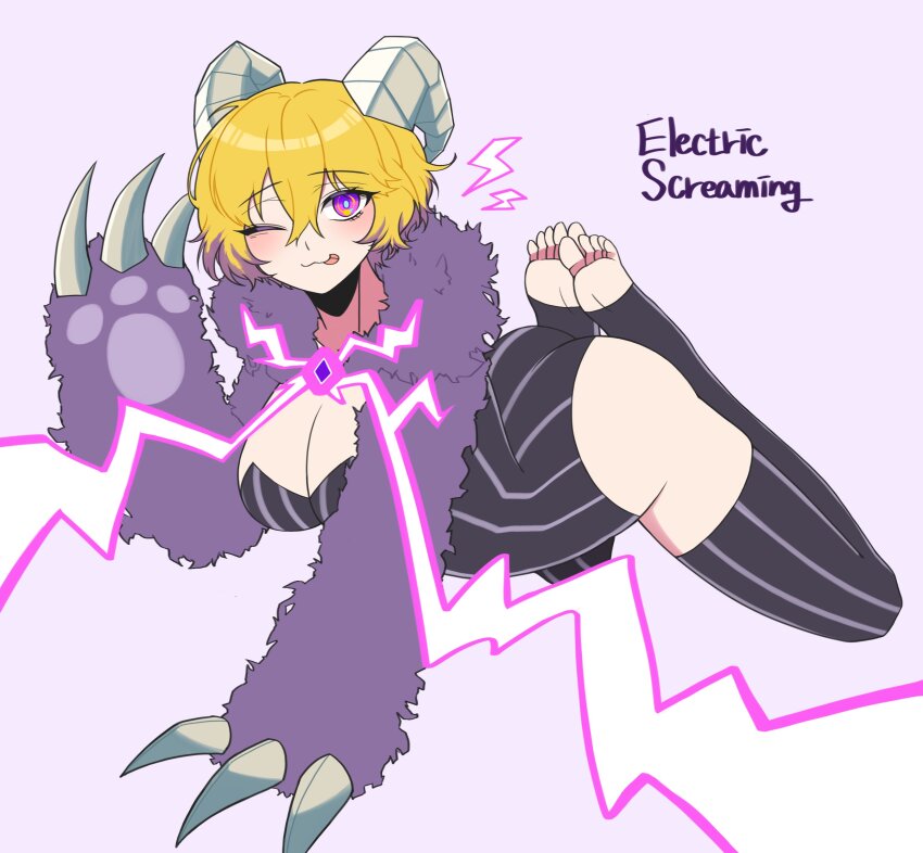 1girl :3 absurdres ass black_leotard black_thighhighs blonde_hair breasts claws don_quixote_(project_moon) e.g.o_(project_moon) electric_screaming_(e.g.o) feet fur_jacket highres horns jacket large_breasts leotard limbus_company looking_at_viewer matiyan923 multicolored_hair one_eye_closed paw_sleeves pinstripe_leotard pinstripe_pattern pinstripe_thighhighs project_moon purple_eyes purple_hair purple_jacket short_hair solo stirrup_legwear streaked_hair thighhighs toeless_legwear tongue tongue_out