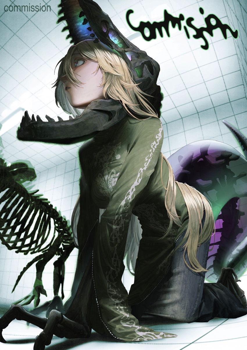 1girl absurdres all_fours blonde_hair blue_eyes commission denim denim_skirt dinosaur_skeleton expressionless highres kanikumi_toi long_hair looking_to_the_side monster_girl original shirt skeletal_arm skeletal_tail skirt skull_on_head solo tail tiles