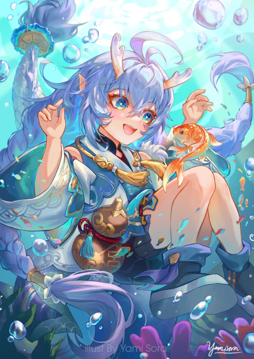 1girl 1other absurdres ahoge bailu_(honkai:_star_rail) black_boots blush boots braid bubble chinese_clothes chinnpou detached_sleeves dragon_girl dragon_horns dragon_tail eastern_dragon_horns fins fish goldfish gourd green_eyes hair_between_eyes highres honkai:_star_rail honkai_(series) horns long_hair looking_at_another purple_hair smile tail underwater wide_sleeves