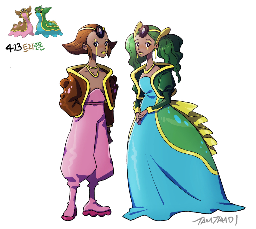 2girls black_eyes blue_dress bright_pupils brown_hair brown_jacket creature_and_personification dark-skinned_female dark_skin dress full_body game_freak gastrodon gastrodon_(east) gastrodon_(west) gen_4_pokemon green_hair green_jacket highres jacket multiple_girls nintendo personification pokemon pokemon_(creature) reference_inset signature simple_background tamtamdi twintails white_background white_pupils yellow_lips