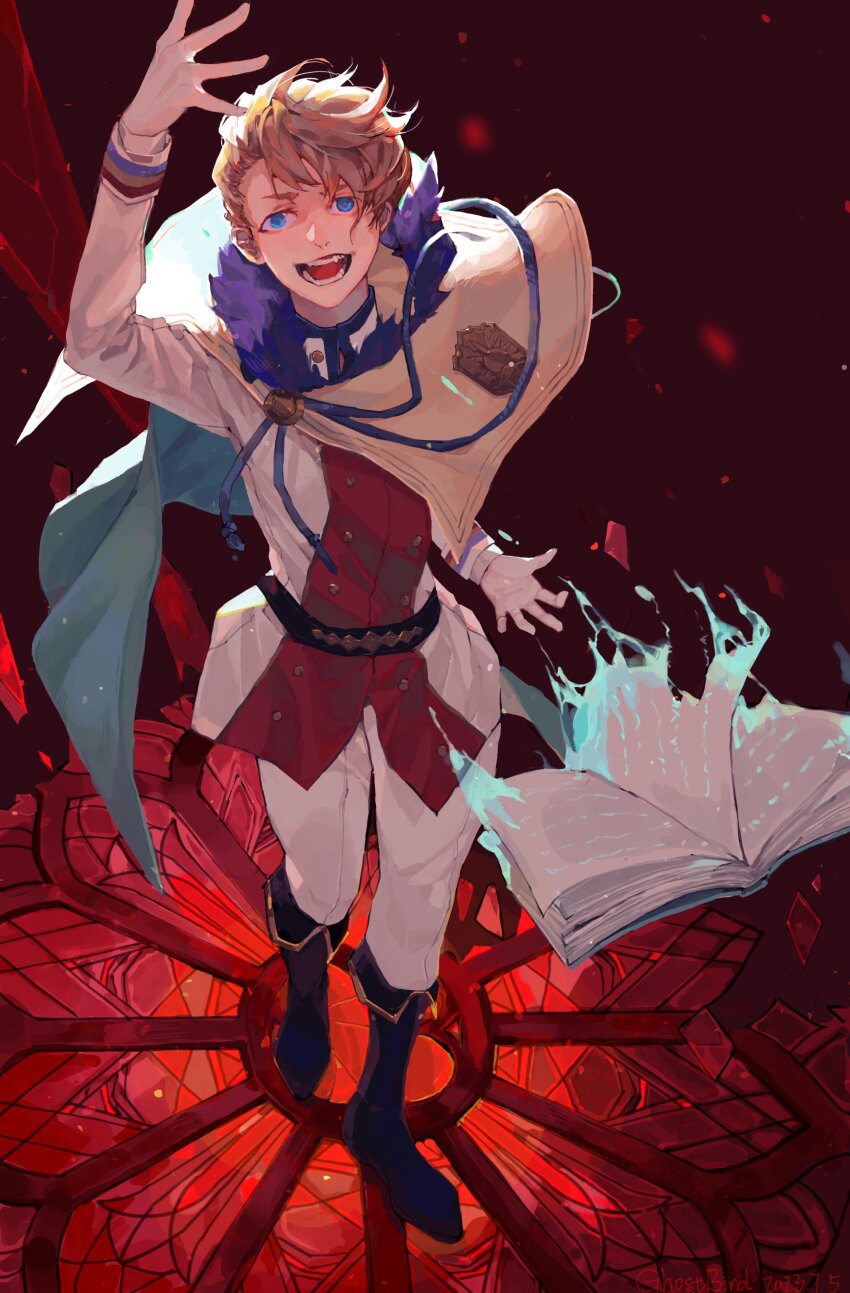 1boy absurdres aristocratic_clothes arm_up black_boots black_clover blue_eyes book boots brown_hair capelet emblem floating floating_book floating_object from_above full_body fur-trimmed_capelet fur_trim gold_buttons golden_dawn_(emblem) grimoire highres langris_vaude long_sleeves looking_at_viewer male_focus open_book open_mouth pants sharp_teeth short_hair solo standing teeth white_pants xingji20108