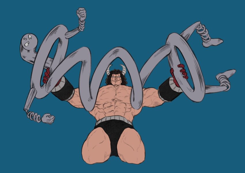 2boys abs afro arm_guards blue_background buffaloman clenched_hands gloves horns kinnikuman lotte_28 multiple_boys muscular muscular_male red_gloves smile springman_(kinnikuman) wrestling_outfit