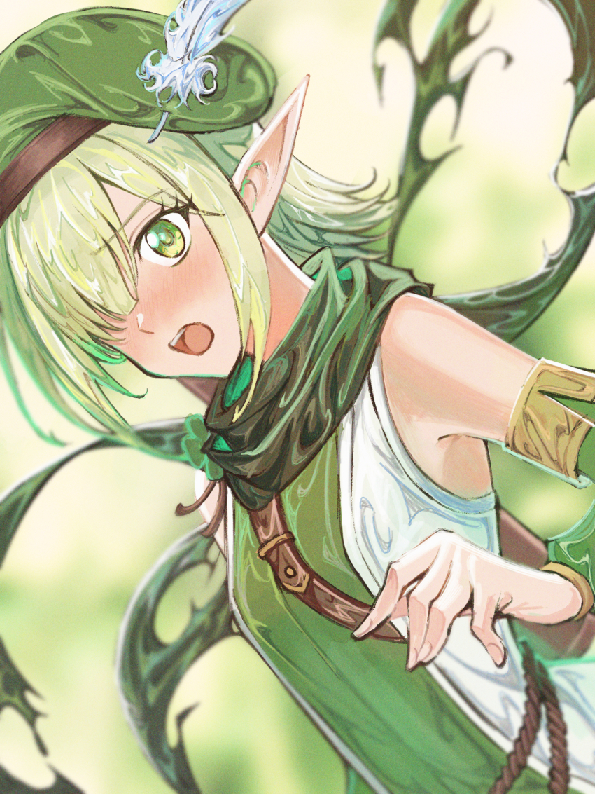 1girl aoi_(princess_connect!) beret blurry blush breasts commission depth_of_field detached_sleeves edaori elf embarrassed green_eyes green_hair hair_over_one_eye hat hat_feather highres looking_at_viewer open_mouth pointy_ears princess_connect! scarf short_hair small_breasts solo upper_body