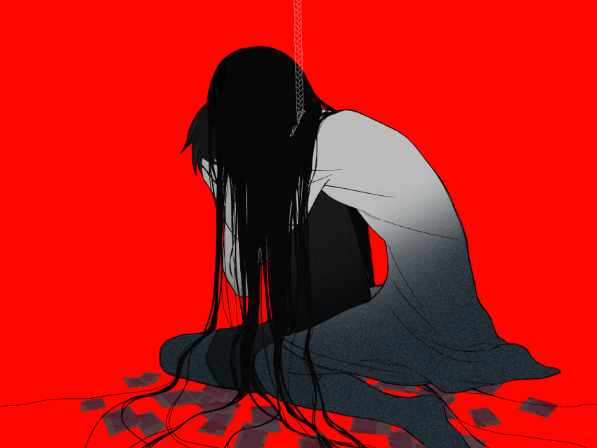 1boy 1girl aeanne brother_and_sister commentary covering_face dress english_commentary film_grain from_behind full_body greyscale_with_colored_background highres hug hug_from_behind kneehighs long_hair mari_(faraway)_(omori) mari_(omori) medium_dress no_shoes noose omori photo_(object) red_background siblings simple_background sitting socks spoilers sunny_(omori) very_long_hair wariza
