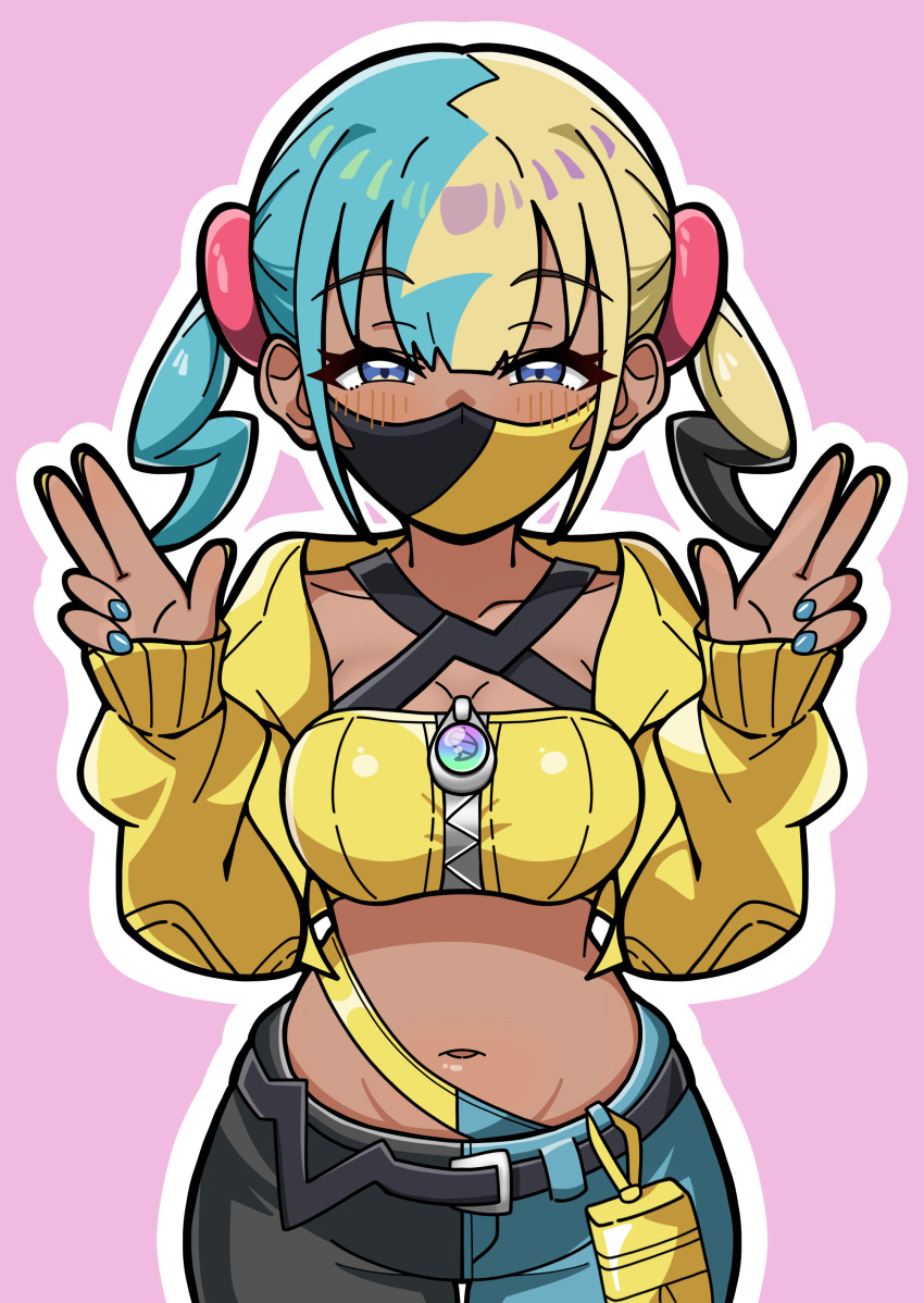 1girl absurdres bandeau belt black_belt blue_eyes blush breasts canari_(pokemon) collarbone commentary_request cowboy_shot double_v eyelashes hands_up highres hood hood_down hooded_jacket jacket jiji_tsubua leaning_forward long_sleeves looking_at_viewer mask mouth_mask multicolored_hair nail_polish navel nintendo open_clothes open_jacket pants pokemon pokemon_legends:_z-a sleeves_past_wrists solo twintails v yellow_bandeau yellow_jacket zipper zipper_pull_tab