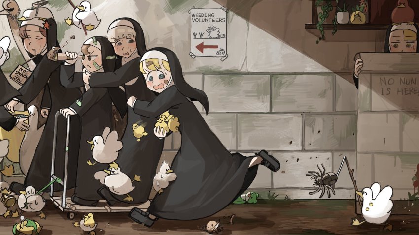 &gt;_&lt; 6+girls :&lt; animal animal_on_head animal_on_leg arrow_(symbol) bandaid bandaid_on_arm bandaid_on_face bandaid_on_head bird bird_on_head bird_on_leg blonde_hair brown_hair bug bugle cart catfish chasing chicken chili_pepper closed_eyes clumsy_nun_(diva) commentary corn diva_(hyxpk) doll drooling duck duckling earthworm eggshell english_commentary english_text fish fleeing fly food food_on_body food_on_head freckles frog froggy_nun_(diva) grey_hair hiding highres holding holding_animal hungry hungry_nun_(diva) in_mouth insect instrument leaf little_nuns_(diva) mole_(animal) mouth_hold multiple_girls nose_bubble nun object_on_head on_head ostrich out_of_frame pelican plant poster_(object) potted_plant pulling running scared sheep_nun_(diva) sign sign_around_neck sleeping slice_of_life spicy_nun_(diva) star_(symbol) stuffed_spider sweatdrop telescope traditional_nun twig wall window worm