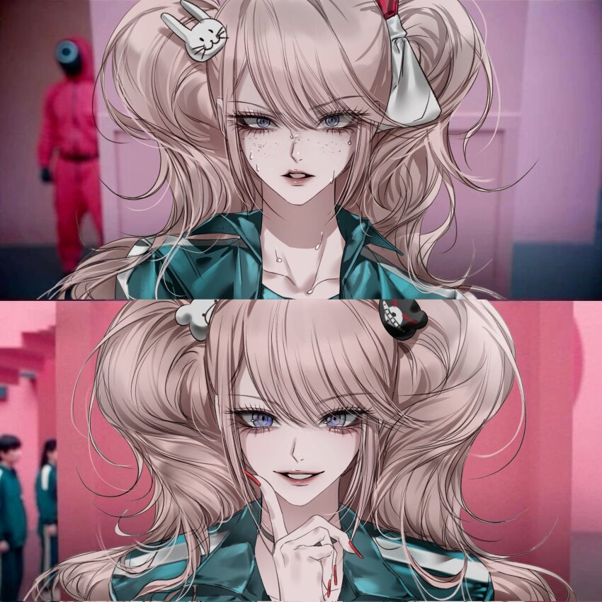 2girls animal_hair_ornament bear_hair_ornament blonde_hair choker cosplay dabong danganronpa:_trigger_happy_havoc danganronpa_(series) enoshima_junko enoshima_junko_(cosplay) freckles green_track_suit grey_choker hair_ornament highres ikusaba_mukuro meme multiple_girls rabbit_hair_ornament red_nails squid_game sweat track_suit twintails year_1_&amp;_year_2_(squid_game)_(meme)
