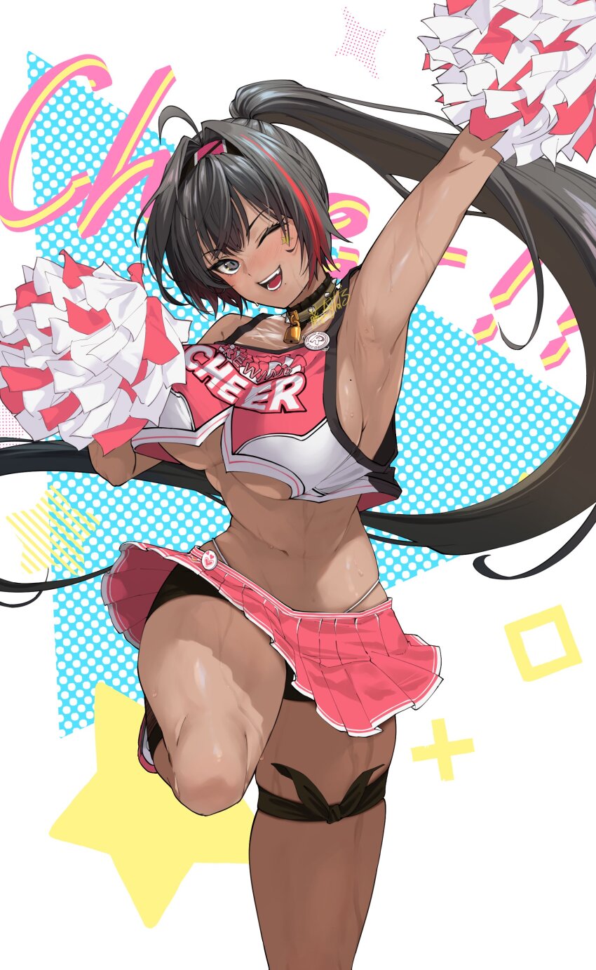 1girl ;d absurdres arm_up armpits bare_shoulders bay_(nikke) black_collar black_hair black_hairband black_socks blue_eyes blush breasts cheerleader clothes_writing collar commentary_request cowboy_shot crop_top crop_top_overhang dark-skinned_female dark_skin fujisaki_subaru goddess_of_victory:_nikke hair_between_eyes hair_intakes hairband high_ponytail highleg highleg_panties highres kneehighs large_breasts lock long_hair miniskirt mole mole_on_breast mole_under_mouth multicolored_hair navel no_bra one_eye_closed open_mouth padlock padlocked_collar panties panty_straps pleated_skirt pom_pom_(cheerleading) ponytail presenting_armpit red_shirt red_streaks revision shirt shorts shorts_under_skirt sidelocks signature skirt sleeveless sleeveless_shirt smile socks solo spiked_collar spikes standing standing_on_one_leg star_(symbol) star_in_eye star_sticker stomach sweat symbol_in_eye thigh_strap underboob underwear white_panties