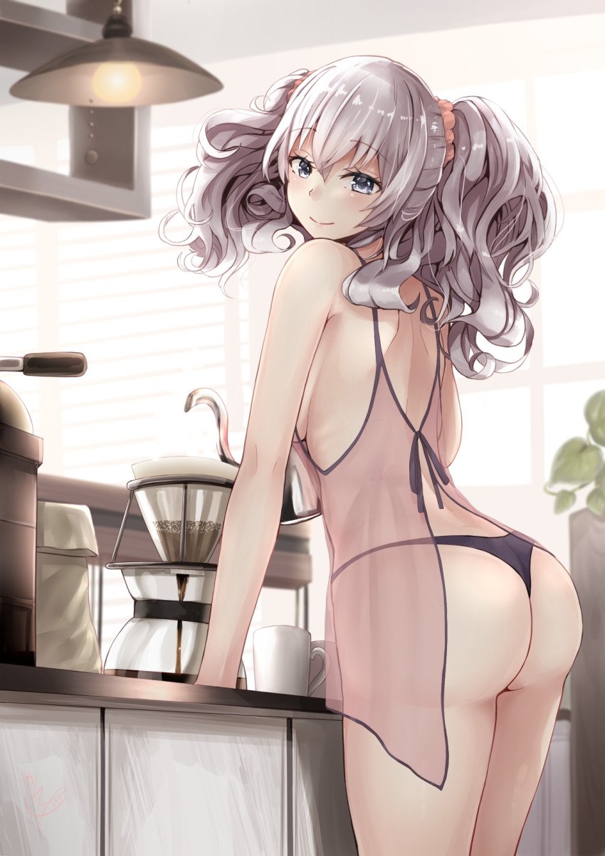 1girl babydoll bare_shoulders blue_eyes blush breasts closed_mouth coffee_pot cup female_focus from_side hair_ornament hair_scrunchie highres holding_jug indoors jug_(bottle) kantai_collection kashima_(kancolle) large_breasts long_hair looking_at_viewer looking_back narushima_kanna panties purple_panties scrunchie see-through_clothes shoulder_blades silver_hair smile solo tsurime twintails underwear wavy_hair window window_blinds