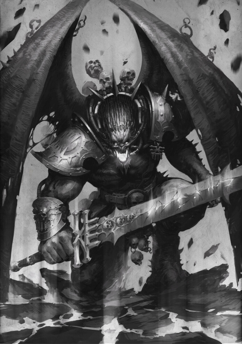 absurdres angron armor black_blade butchers_nails cable chaos_(warhammer) cracking_ground demon_primarch dragon_wings gauntlets highres holding holding_sword holding_weapon khorne layered_armor mask misha_savier monochrome pauldrons power_armor primarch shoulder_armor simple_background skull sword warhammer_40k weapon white_background wings