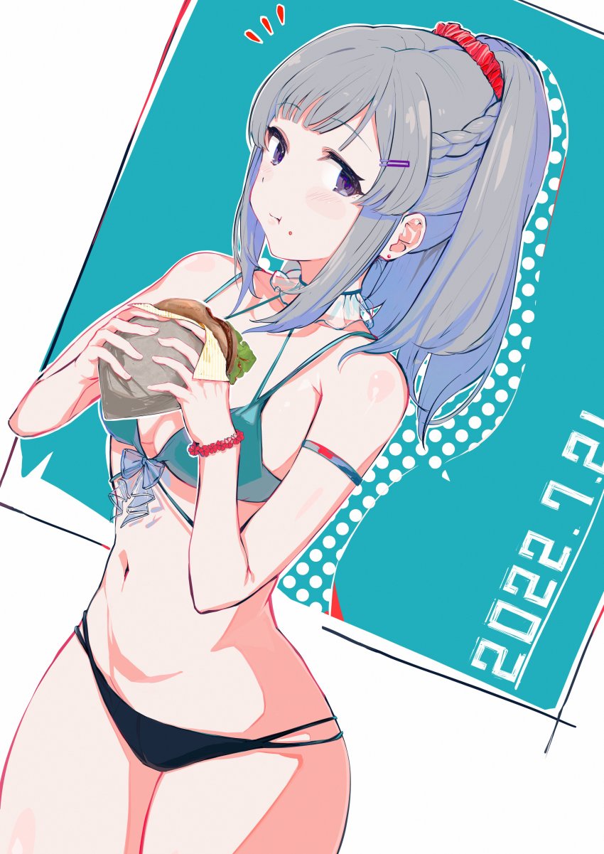 1girl absurdres bikini breasts burger dated eating female_focus food food_on_face grey_hair hair_ornament hairclip highres idolmaster idolmaster_shiny_colors looking_at_viewer medium_breasts medium_hair midriff navel notice_lines ponytail purple_eyes scrunchie sidelocks simple_background solo swimsuit uouokuma wrist_band yukoku_kiriko