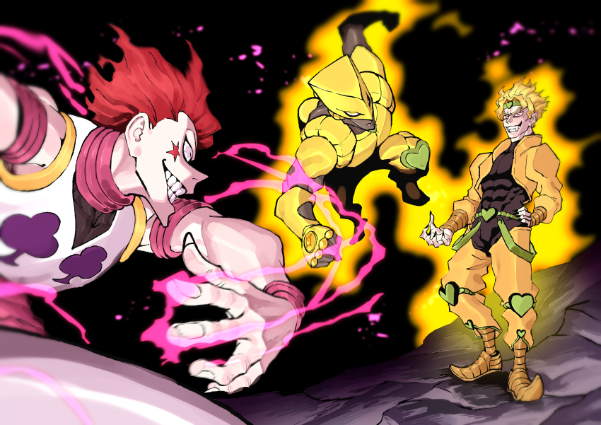 2boys absurdres battle blonde_hair crazy_eyes crazy_smile dingotoad dio_brando fingernails highres hisoka_morow hunter_x_hunter jojo_no_kimyou_na_bouken looking_at_another multiple_boys nen_(hunter_x_hunter) red_eyes red_hair sharp_fingernails smile stand_(jojo) the_world
