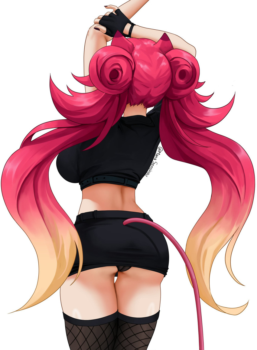 1girl animal_ears arms_up artist_name ass black_gloves black_nails black_panties black_shirt black_skirt black_thighhighs blonde_hair breasts cropped_shirt female_focus fingerless_gloves fishnet_thighhighs fishnets from_behind gloves gradient_hair highres indie_virtual_youtuber large_breasts lion_ears lion_girl lion_tail long_hair lunaria_ayaren mana_(manasenshou) multicolored_hair nail_polish panties pantyshot red_hair shirt simple_background skirt solo standing stretching tail thighhighs twintails two-tone_hair underwear virtual_youtuber white_background