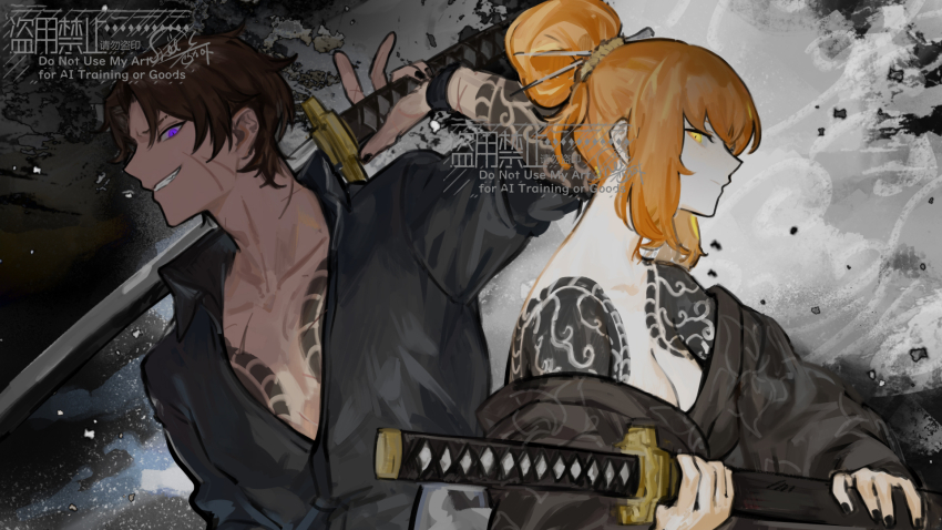 1boy 1girl bare_shoulders black_kimono black_nails breasts brown_hair cleavage green_eyes grin hair_bun heathcliff_(project_moon) highres holding holding_sword holding_weapon ishmael_(project_moon) japanese_clothes katana kimono kurokumo_clan_(identity)_(project_moon) limbus_company long_sleeves nishikujic orange_hair parted_bangs project_moon purple_eyes smile sword upper_body weapon