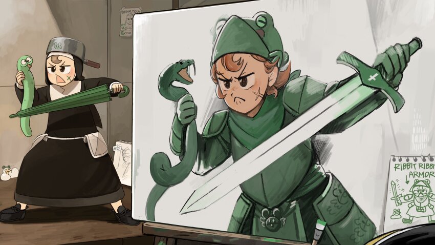 2girls armor bird black_footwear brown_eyes brown_hair chicken commentary cooking_pot cross cross_print diva_(hyxpk) duck english_commentary expectation_vs._reality froggy_nun_(diva) green_umbrella habit highres little_nuns_(diva) multiple_girls nun pot_on_head revision slice_of_life snake stuffed_snake sword traditional_nun triangle_mouth umbrella weapon