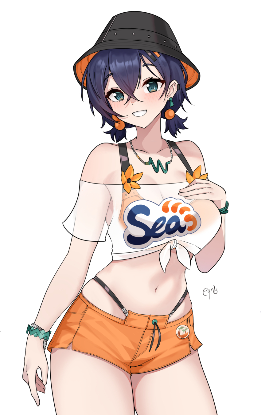 1girl absurdres bare_shoulders belle_(zenless_zone_zero) black_hat blue_hair clothes_writing cowboy_shot crop_top green_eyes grin hat highres looking_at_viewer navel off-shoulder_shirt off_shoulder official_alternate_costume orange_shorts pynkmouth see-through_clothes see-through_shirt shirt short_hair short_shorts short_sleeves shorts simple_background smile solo standing stomach thighs tied_shirt white_background white_shirt zenless_zone_zero
