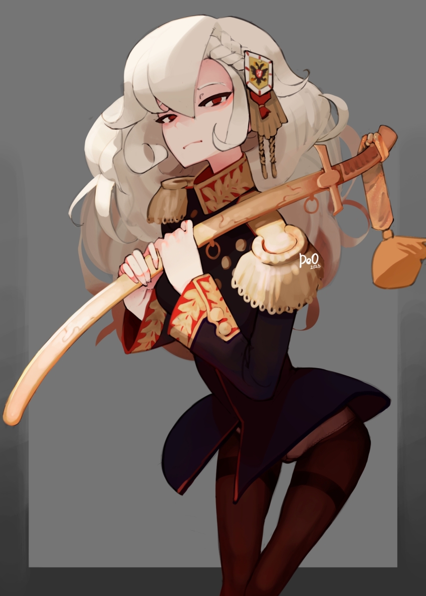 1girl alpha_(alpha_1918) artist_name blue_jacket boots breasts buttons deo_artist double-breasted double-headed_eagle dress epaulettes fluffy_hair frilled_panties frills frown gold_buttons gold_trim grey_background hair_between_eyes hair_ornament high_collar highres holding holding_sword holding_weapon jacket long_hair long_sleeves looking_afar military military_jacket military_uniform narrowed_eyes original over_shoulder panties panties_under_pantyhose panty_peek pantyhose red_eyes red_trim saber_(weapon) scabbard sheath sidelocks signature simple_background skirt solo sword sword_knot sword_over_shoulder underwear weapon weapon_over_shoulder white_hair white_panties