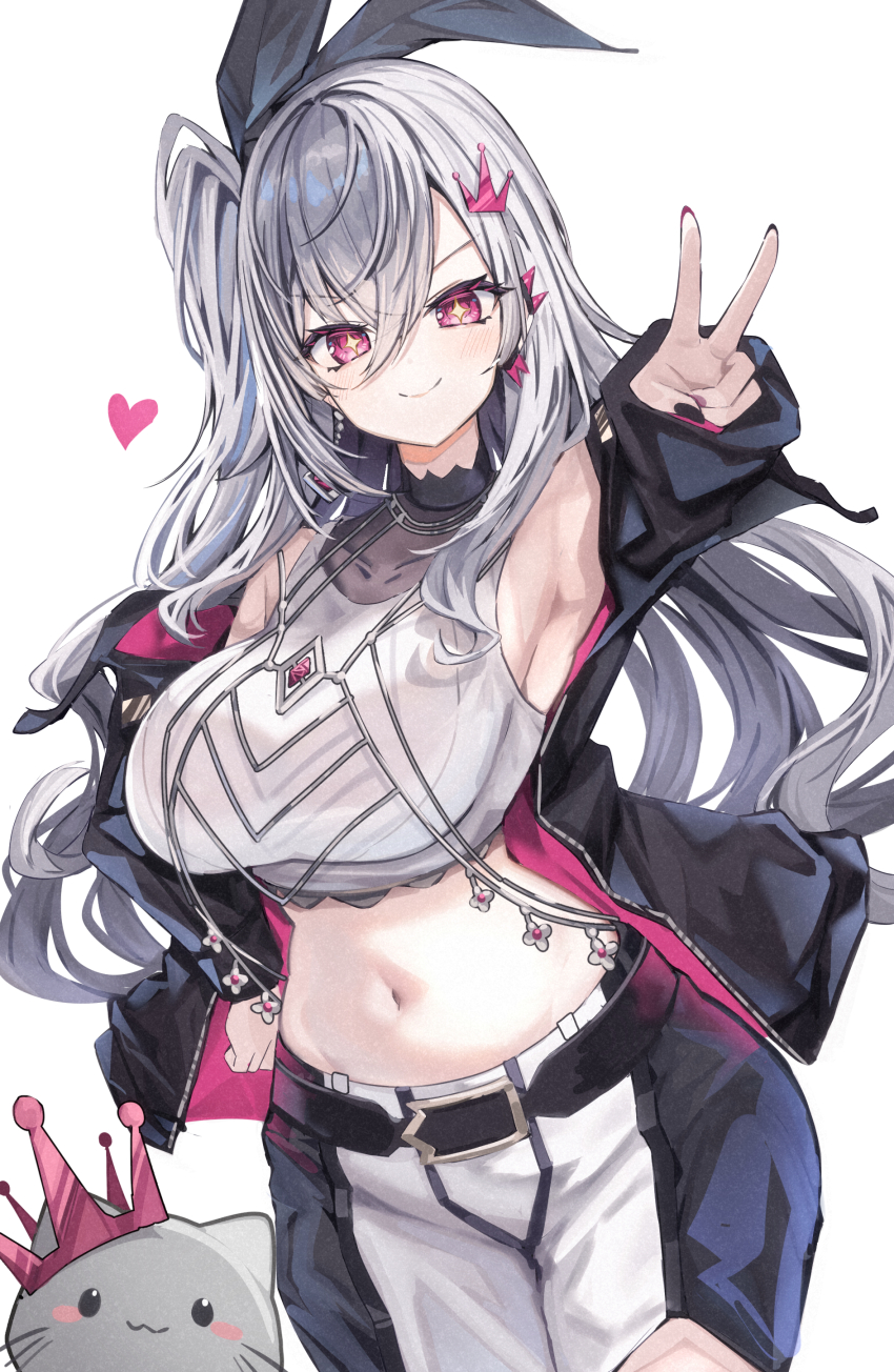1girl absurdres armpits belt black_belt black_bow black_jacket black_pants bow breasts cropped_shirt double-parted_bangs earclip grey_hair haidollo hair_between_eyes hair_bow hand_on_own_hip highres hololive hololive_dev_is isaki_riona jacket large_breasts long_hair long_hair_between_eyes looking_at_viewer navel navel_piercing off_shoulder one_side_up outstretched_arm pants piercing red_eyes shirt sidelocks simple_background sleeveless sleeveless_shirt solo two-tone_pants v virtual_youtuber white_background white_pants white_shirt