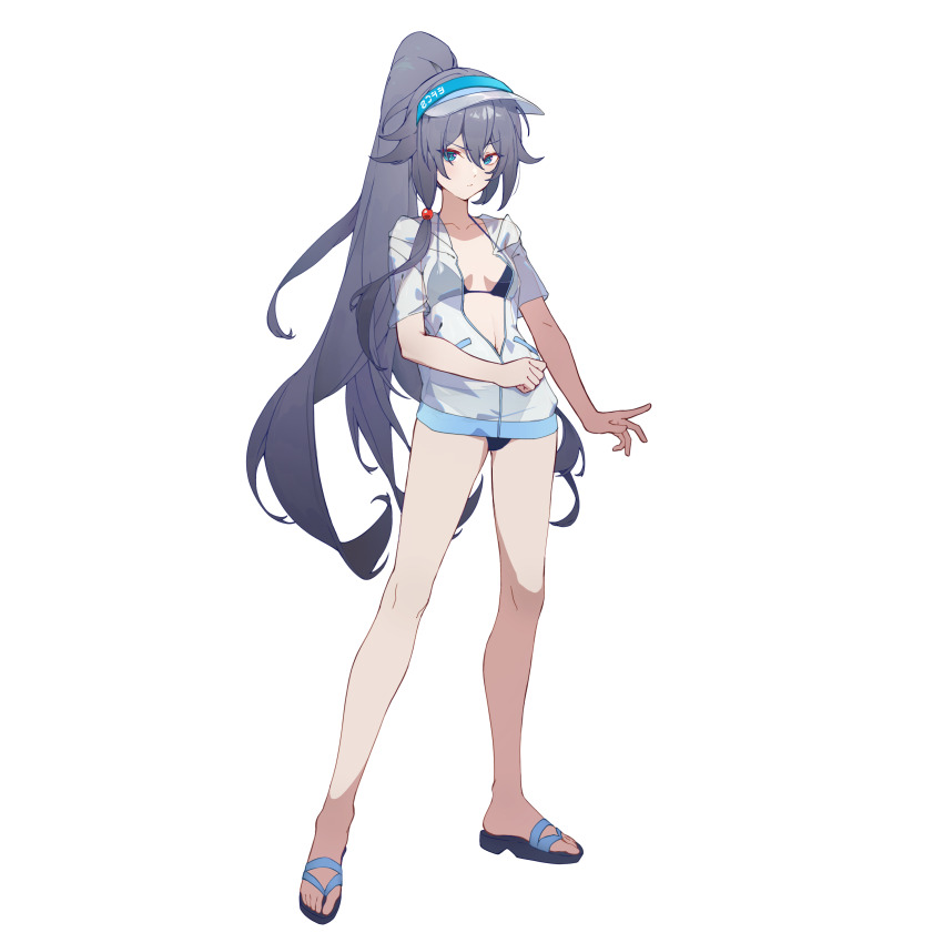 1girl absurdres bare_legs bikini black_bikini blue_eyes breasts collarbone flip-flops fu_hua fu_hua_(summer_2024) full_body grey_hair high_ponytail highres honkai_(series) honkai_impact_3rd jacket long_hair official_alternate_costume open_clothes open_jacket ponytail sandals see-through_clothes see-through_jacket small_breasts solo swimsuit toes visor_cap white_background yikco