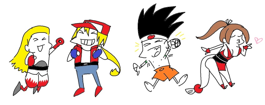 &gt;_&lt; 1girl 3boys andy_bogard arm_up baseball_cap belt black_hair blonde_hair blowing_kiss breasts brown_hair championship_belt cleavage clenched_hands closed_eyes denim fatal_fury feet fingerless_gloves gloves grin hat headband heart jacket japanese_clothes jeans joe_higashi large_breasts leaning_forward legs long_hair multiple_boys oekaki open_clothes open_jacket pants pointy_hair ponytail puckered_lips shiranui_mai shirt shorts smile snk terry_bogard the_king_of_fighters thighs tongue