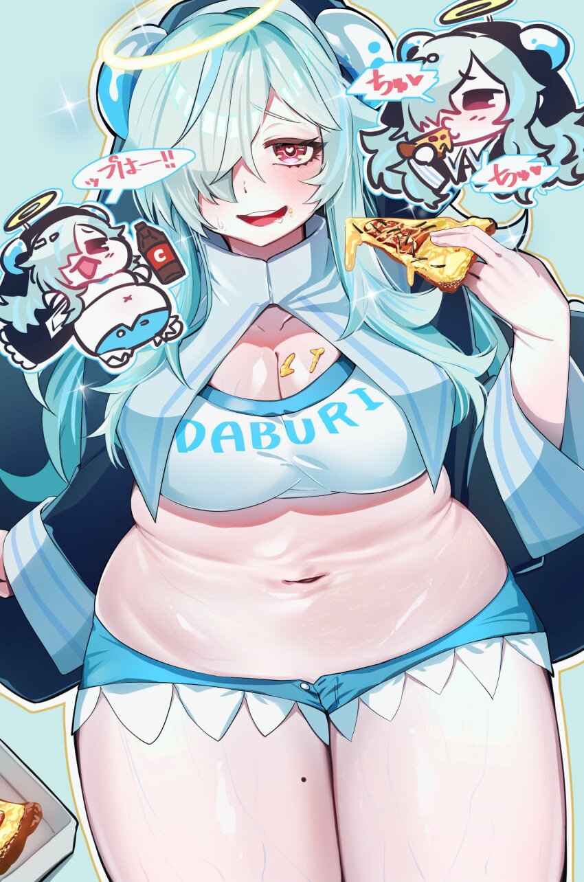 1girl arinomi artist_request blue_background blue_hair blue_shorts blush breasts chibi cleavage coif crop_top doubliel eating food food_on_body food_on_breasts food_on_face habit hair_over_one_eye halo heart heart-shaped_pupils holding holding_food holding_pizza horns japanese_text large_breasts long_hair mahjong_fight_girl mole mole_on_thigh navel nun one_eye_covered open_clothes open_mouth open_robe pink_eyes pizza pizza_slice plump robe shirt short_shorts shorts sitting solo sparkle sweat symbol-shaped_pupils thick_thighs thighs white_shirt wimple