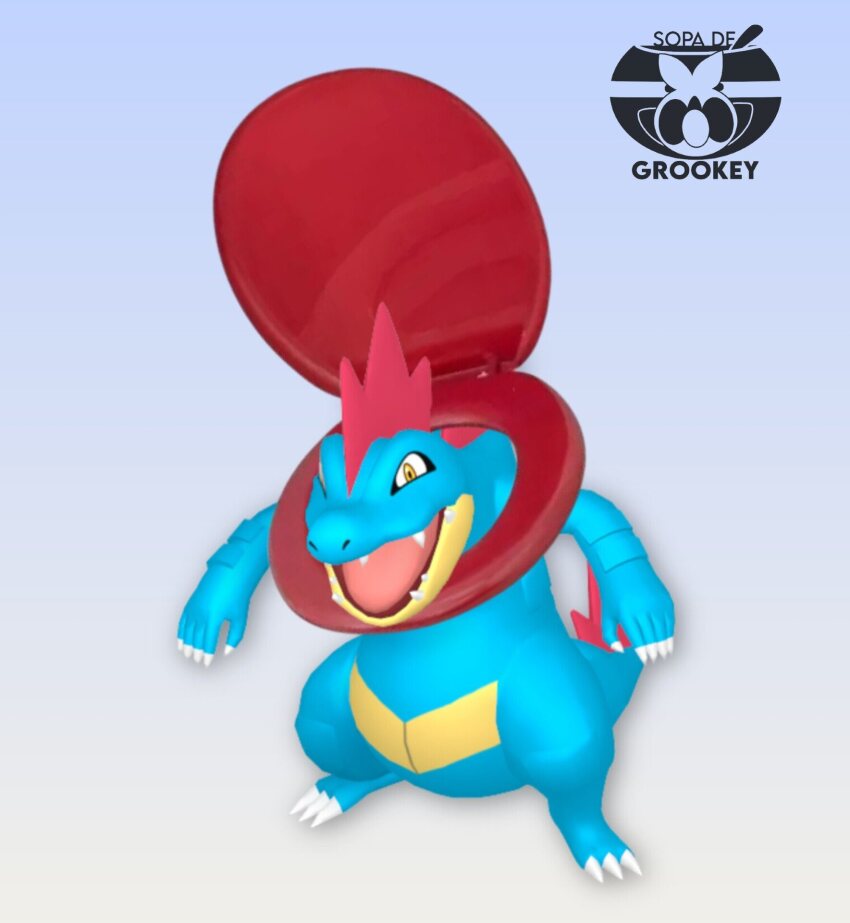 1other 3d alligator animal_focus blue_skin brian_benito97 colored_skin commentary cosplay crocodilian english_commentary feraligatr gen_2_pokemon gradient_background highres mega_feraligatr mohawk nintendo open_mouth outstretched_arms parody pokemon pokemon_(creature) pokemon_focus pun sharp_teeth skibidi_toilet_(character) skibidi_toilet_(character)_(cosplay) skibidi_toilet_(series) solo teeth toilet toilet_seat watermark yellow_eyes