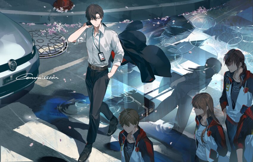 1boy 1girl 3boys 4boys absurdres ameinu belt black_hair black_pants car cherry_blossoms collared_shirt crosswalk dog_tags highres id_card jacket long_hair male_focus motor_vehicle multiple_boys original outdoors pants petals polo_shirt red_jacket shirt short_hair walking watch white_shirt
