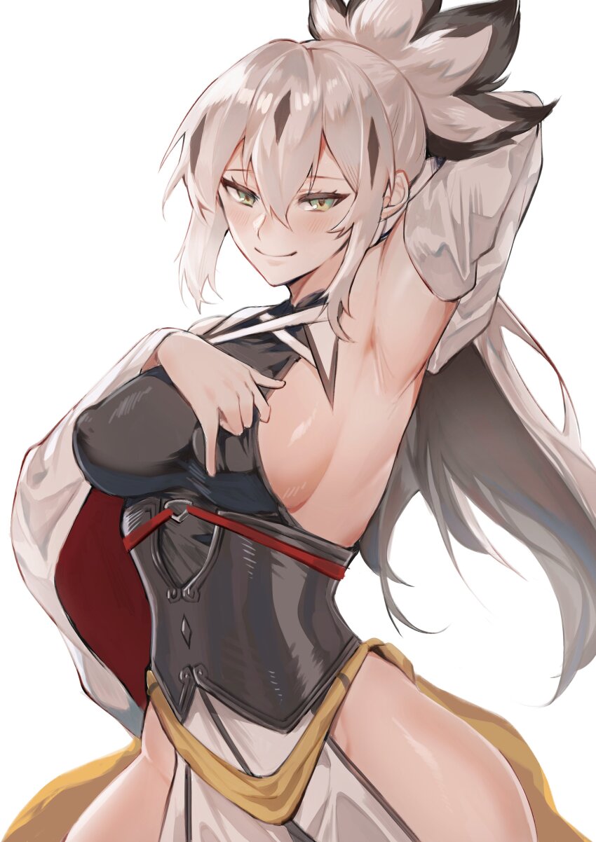 1girl absurdres armor black_hair blush breasts covered_erect_nipples fate/grand_order fate_(series) hair_between_eyes highres japanese_armor kazuya_(kozun) long_hair looking_at_viewer medium_breasts multicolored_hair nagao_kagetora_(fate) ponytail presenting_sideboob sideboob sidelocks smile solo two-tone_hair uesugi_kenshin_(fate) very_long_hair white_hair wide_sleeves
