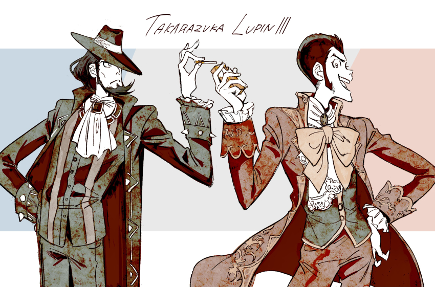 2boys arsene_lupin_iii ascot beard bow buttons cigarette closed_mouth eyelashes facial_hair fedora hashi84e hat highres holding holding_cigarette jacket jigen_daisuke long_hair long_sideburns long_sleeves lupin_iii male_focus multiple_boys open_mouth short_hair sideburns