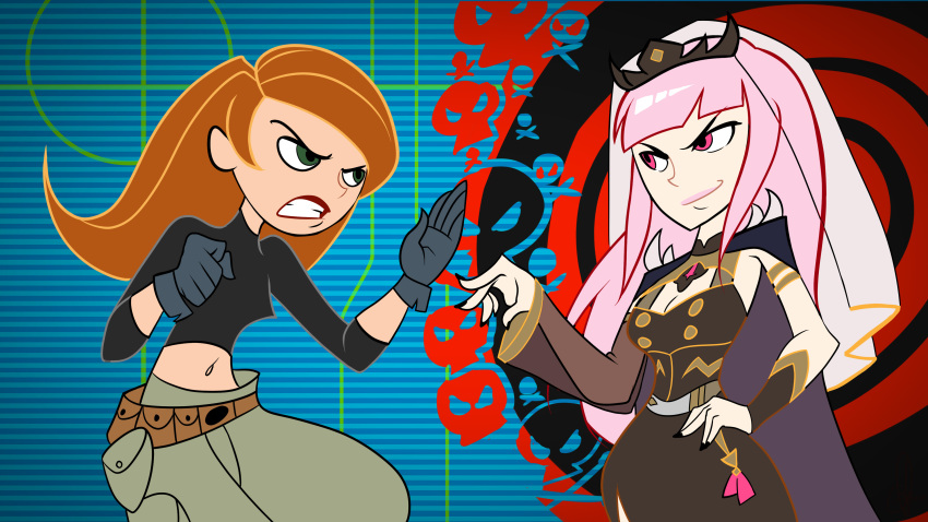 2girls abstract_background absurdres armlet belt belt_pouch black_cape black_dress black_nails black_shirt black_tiara black_wrist_cuffs blue_background breasts brown_belt brown_sleeves buttons cape clenched_hand clenched_teeth close-quarters_combat crossover detached_sleeves disney double-breasted dress furrowed_brow gloves gold_armlet green_eyes green_pants grey_gloves hand_on_own_hip highres hololive hololive_english jewelry khaki_pants kim_possible kim_possible_(series) long_hair looking_at_another medium_breasts midriff mori_calliope mori_calliope_(1st_costume) multiple_girls navel official_style orange_hair pants pink_eyes pink_hair pink_lips portal_(object) pouch red_lips shirt sidelocks sleeveless sleeveless_dress small_breasts spiked_cape stephen_silver_(style) teeth three-quarter_sleeves tiara toon_(style) triple-q turtleneck turtleneck_shirt v-shaped_eyebrows veil virtual_youtuber wrist_cuffs