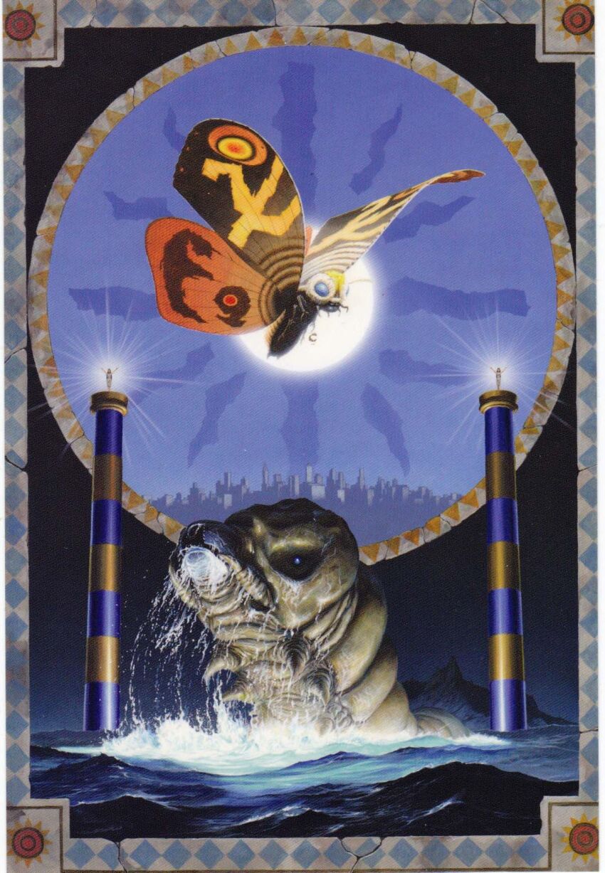 2girls age_progression aura blue_eyes bug building butterfly caterpillar city compound_eyes crack cracked_wall day flying glowing glowing_eyes godzilla_(series) highres insect island kaida_yuji kaiju mandibles moth mothra mothra_(film) mothra_(series) multiple_girls mural night official_art realistic shobijin siblings sisters stinger sun swimming symbol toho transformation twins wings