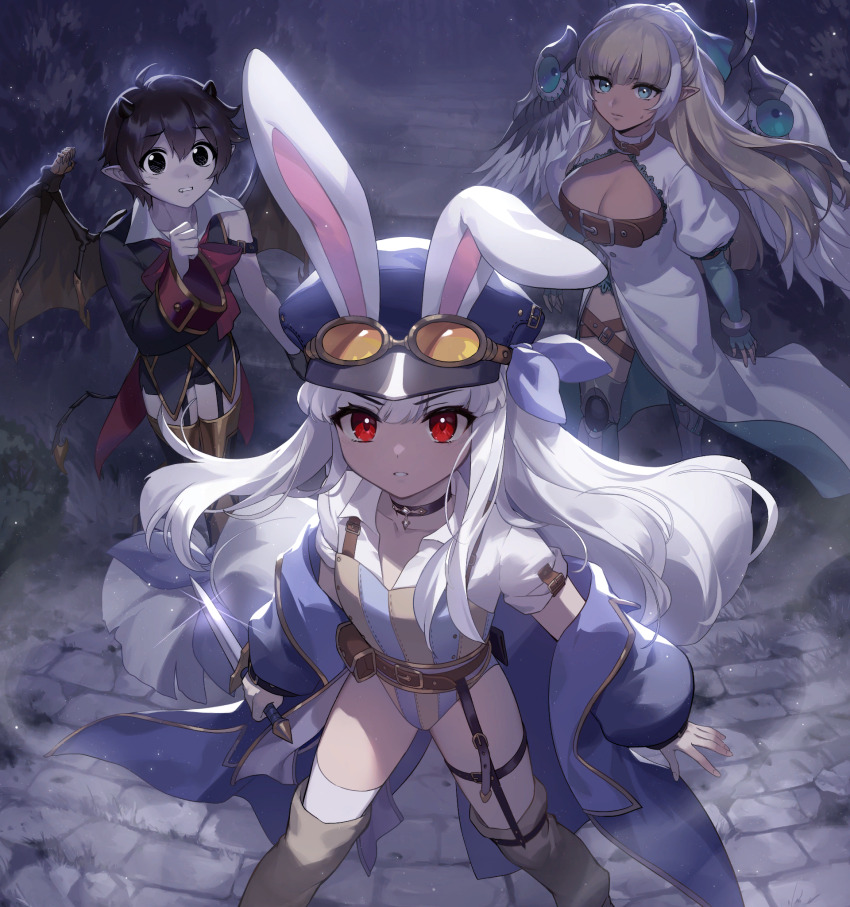 1boy 2girls angel_wings animal_ears artist_request black_eyes black_hair blonde_hair blue_coat blue_hat breasts celia_(tevi) check_artist cleavage coat dagger demon_boy demon_horns demon_wings ein_lee feathered_wings game_cg goggles goggles_on_headwear green_eyes hat highres holding holding_dagger holding_knife holding_weapon horns knife large_breasts leotard long_hair long_sleeves multiple_girls non-web_source parted_lips pointy_ears puffy_long_sleeves puffy_sleeves rabbit_ears rabbit_girl red_eyes sable_(tevi) tevi tevi_(character) weapon white_hair wings