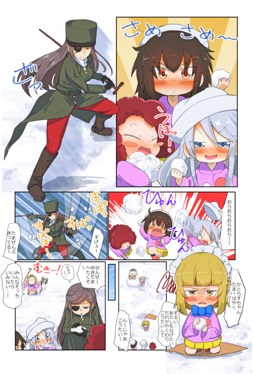 6+girls :d aged_down black_footwear black_gloves black_hair blonde_hair blue_bow blue_bowtie blue_eyes blunt_bangs blush_stickers bob_cut boots bow bowtie brown_eyes calvados_(jinguu) cane chibi closed_mouth comic commentary commentary_request curly_hair cutlass_(girls_und_panzer) day dixie_cup_hat dress english_commentary eyepatch fighting_stance flint_(girls_und_panzer) frown girls_und_panzer glaring gloves green_dress green_headwear grey_hair half-closed_eyes hat highres holding holding_cane holding_snowball itsumi_erika jacket jinguu_(4839ms) katyusha_(girls_und_panzer) kepi kindergarten_uniform knee_boots kneeling long_hair long_sleeves maid_headdress medium_hair military_hat mixed-language_commentary motion_blur multiple_girls murakami_(girls_und_panzer) open_mouth outdoors outside_border pants pants_under_dress pink_jacket pleated_skirt red_pants rum_(girls_und_panzer) short_hair skirt smile snow snowball snowman squatting squiggle swinging throwing tilted_headwear translation_request v-shaped_eyebrows white_headwear winter_uniform yellow_eyes yellow_skirt