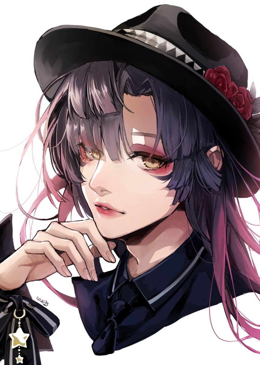 1other ambiguous_gender black_necktie blue_hair collared_shirt dark_blue_hair eyeshadow hair_over_one_eye hand_on_own_chin hand_up hat highres lips looking_at_viewer makeup multicolored_hair necktie nose original parted_lips pink_hair pink_lips rifuru shirt simple_background two-tone_hair white_background yellow_eyes