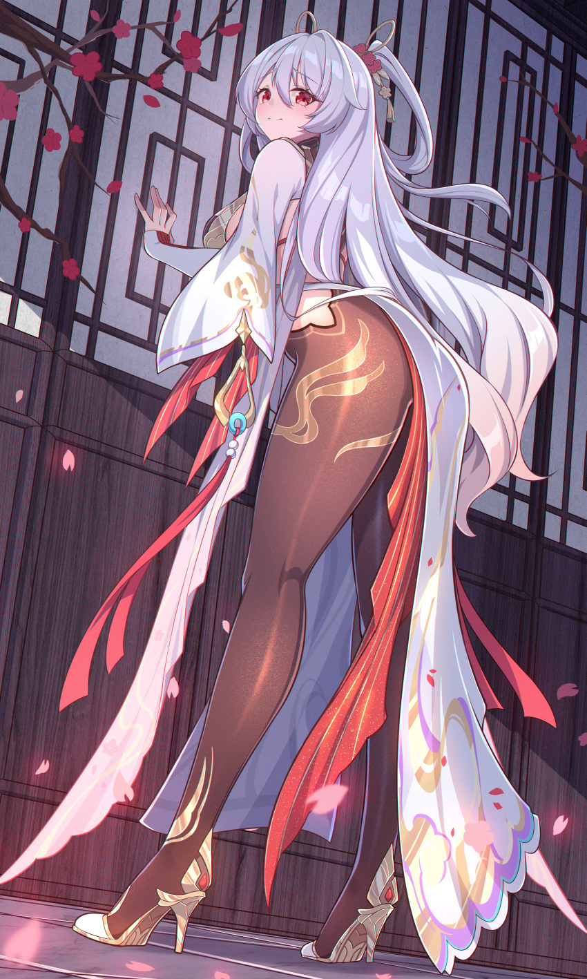 1girl absurdres architecture ass black_pantyhose blush breasts chinese_clothes closed_mouth commentary_request dress east_asian_architecture from_behind hair_between_eyes hair_ornament high_heels highres honkai_(series) honkai_impact_3rd large_breasts legs long_hair long_sleeves looking_at_viewer official_alternate_costume pantyhose phantom_racher red_eyes solo theresa_apocalypse theresa_apocalypse_(luna_kindred) theresa_apocalypse_(lunar_vow:_crimson_love) theresa_apocalypse_(redolent_in_red) thick_thighs thighs very_long_hair white_dress white_hair