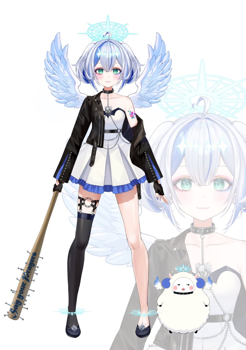 1girl :3 ahoge amano_serafi arm_tattoo baseball_bat black_choker black_jacket black_shoes black_thighhighs blue_hair blue_halo blush choker collar commentary_request dress feathered_wings full_body green_eyes halo heart heart_ahoge highres holding holding_baseball_bat jacket lips multicolored_eyeshadow multicolored_hair nail_(hardware) nail_bat official_art open_clothes open_jacket pi_tayuko shoes single_thighhigh skull_tattoo spiked_collar spikes standing streaked_hair tattoo thigh_strap thighhighs v&amp;u_entertainment virtual_youtuber white_background white_dress wings zoom_layer