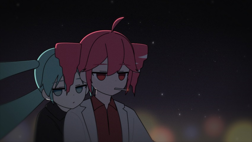2girls absurdres ahoge aqua_eyes aqua_hair baka_mitai_(meme) black_shirt cigar collared_shirt cosplay drill_hair formal_clothes hair_between_eyes hatsune_miku highres jacket kasane_teto kiryu_kazuma kiryu_kazuma_(cosplay) kumi3 long_hair long_sleeves meme mouth_hold multiple_girls red_eyes red_hair red_shirt ryuu_ga_gotoku_(series) shirt smoking suit twin_drills twintails utau vocaloid white_jacket
