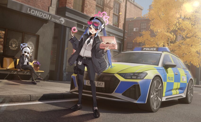 2girls absurdres audi audi_rs6 blue_archive car donut food fubuki_(blue_archive) halo heart heart-shaped_eyewear highres kirino_(blue_archive) micasa_tto motor_vehicle multiple_girls police_car sunglasses