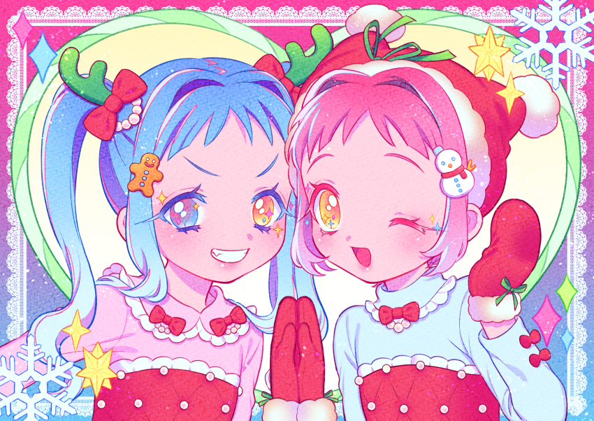 2girls christmas gesture_request gloves grin hat heterochromia highres looking_at_viewer multiple_girls one_eye_closed open_mouth original raicha_(rdml_chashi) reindeer_hair_ornament santa_gloves santa_hat smile snowflakes