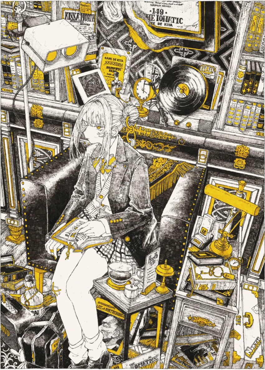 1girl bag bandaid bandaid_on_finger black_jacket black_shoes book book_stack bookmark bookshelf bottle bow bowtie chair clock collared_shirt highres holding_bookmark indoors jacket kitamurashu monochrome open_book original plaid_clothes plaid_skirt shirt shoes sitting skirt socks solo speaker spot_color striped_bow striped_bowtie striped_clothes sweater table traditional_media vinyl_record white_hair white_shirt white_socks wide_shot yellow_eyes yellow_nails