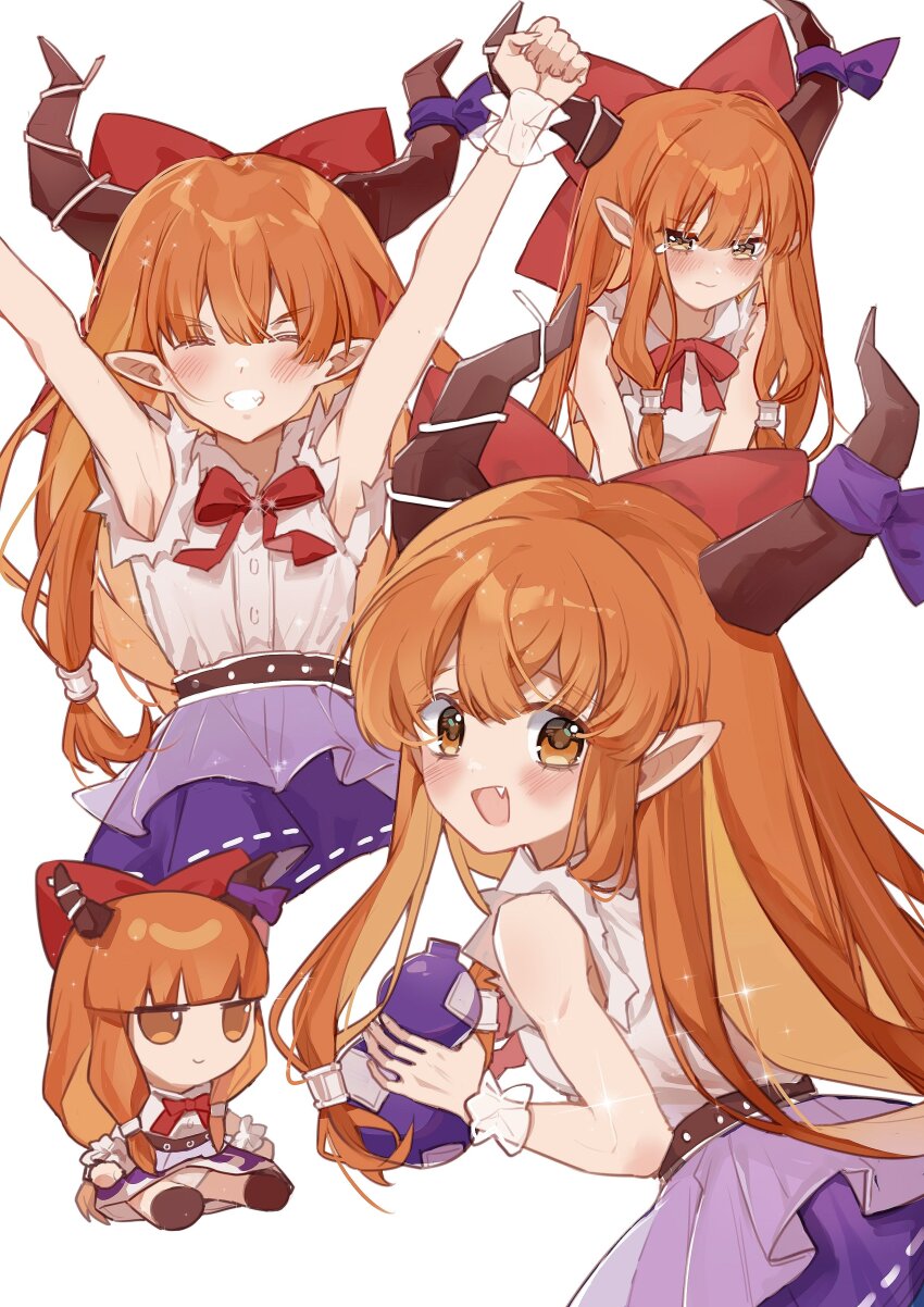 1girl ^_^ absurdres armpits arms_up bare_arms belt blunt_bangs blush brown_horns clenched_hand closed_eyes collared_shirt commentary cropped_torso cuffs double-parted_bangs english_commentary fang fumo_(doll) gourd grin hair_between_eyes hair_ribbon highres holding holding_gourd horn_ornament horn_ribbon horns ibuki_suika iwakoo long_hair looking_at_viewer looking_back multiple_expressions multiple_views neck_ribbon orange_eyes orange_hair pointy_ears purple_ribbon purple_skirt red_ribbon ribbon ribbon_trim see-through_cuffs see-through_overskirt shirt simple_background skirt sleeveless sleeveless_shirt smile solo sparkle straight-on tareme tearing_up torn_clothes torn_sleeves touhou upper_body very_long_hair white_background white_shirt