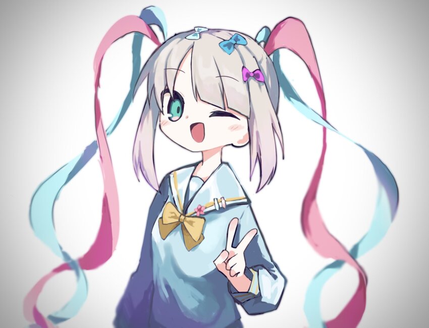 1girl ;d blue_bow blue_eyes blue_hair bow chouzetsusaikawa_tenshi-chan grey_background grey_hair hair_bow hand_up highres long_hair long_sleeves looking_at_viewer multicolored_hair multiple_hair_bows needy_girl_overdose odayaka one_eye_closed open_mouth pink_bow pink_hair purple_bow quad_tails sailor_collar smile solo upper_body v