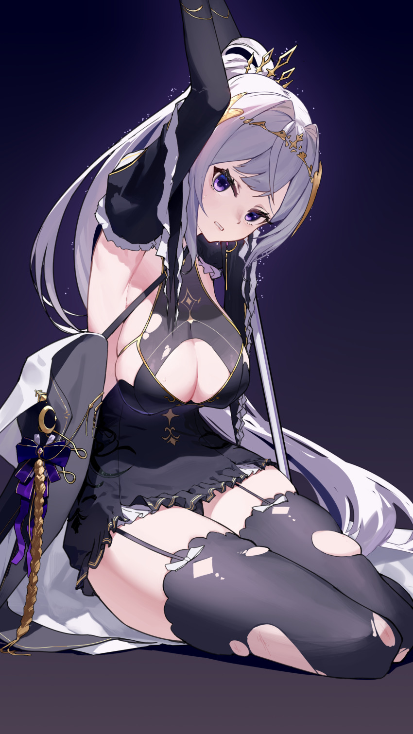 1girl absurdres arm_up armpits black_background black_dress black_gloves black_panties black_thighhighs bound bound_wrists breasts cleavage cleavage_cutout clenched_teeth clothing_cutout detached_sleeves diadem dress elbow_gloves garter_straps gloves hair_ornament han_(ozrfour) highres large_breasts long_hair looking_at_viewer nijisanji panties pantyshot purple_eyes rhea_(virtuareal) short_dress short_sleeves sideboob sitting skindentation solo sweat teeth thighhighs torn_clothes torn_thighhighs underwear very_long_hair virtual_youtuber virtuareal white_hair yokozuwari zettai_ryouiki